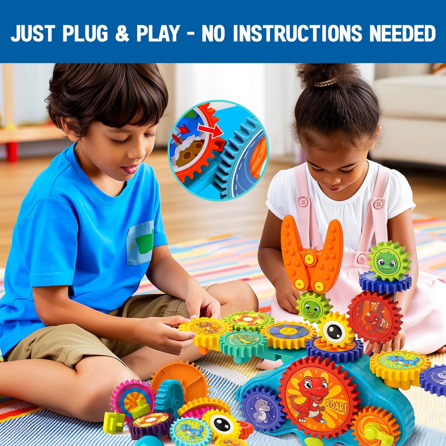 ROHSCE Motorized Gear Building Blocks Toys, Electric Dinosaur Spinning Set Ages 3-6, STEM Construction Kit, Fine Motor Cause-Effect Gift for Boys Girls