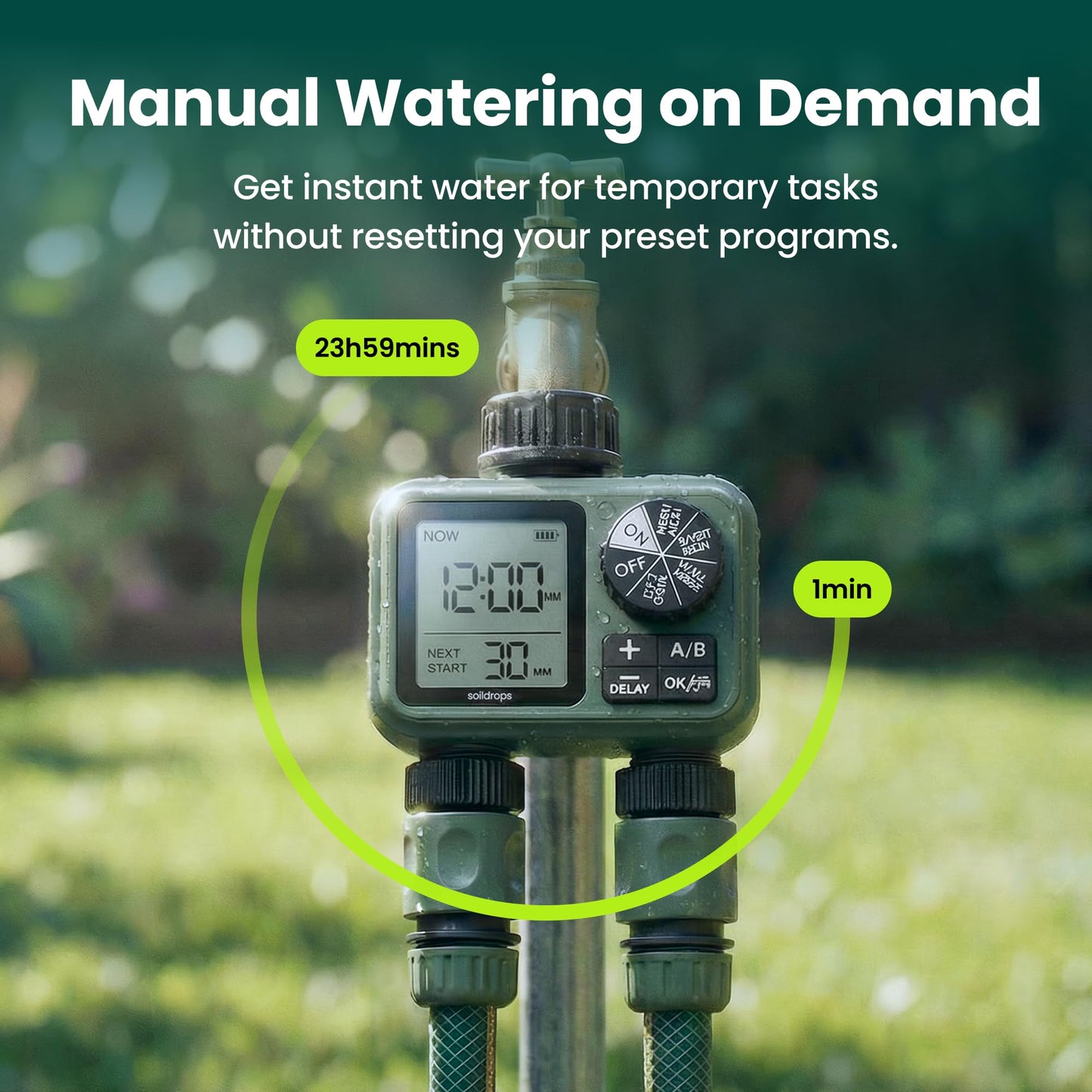 Soildrops Sprinkler Timer for Garden Hose, Programmable 1 or 2 Outlet Controller with Self-Cleaning Valve, 15-Day Frequency, Large Dial, Rain Delay & Auto-Off, IPX5
