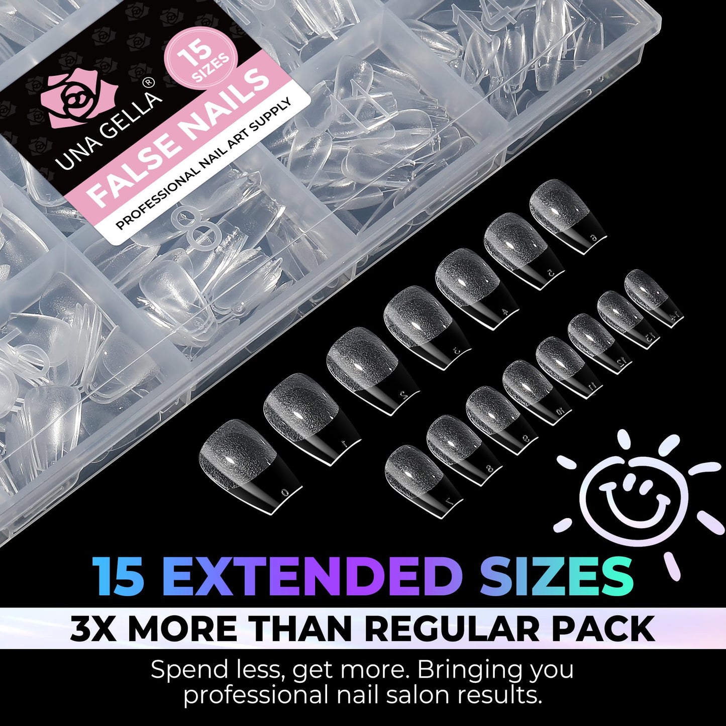 UNA GELLA Short Coffin Nail Tips: 450PCS Fake Acrylic Gel Nail Tips 15 Sizes Soft Clear Pre-Etched Nails Extension Full Cover Coffin Press On Nails Home DIY Salon