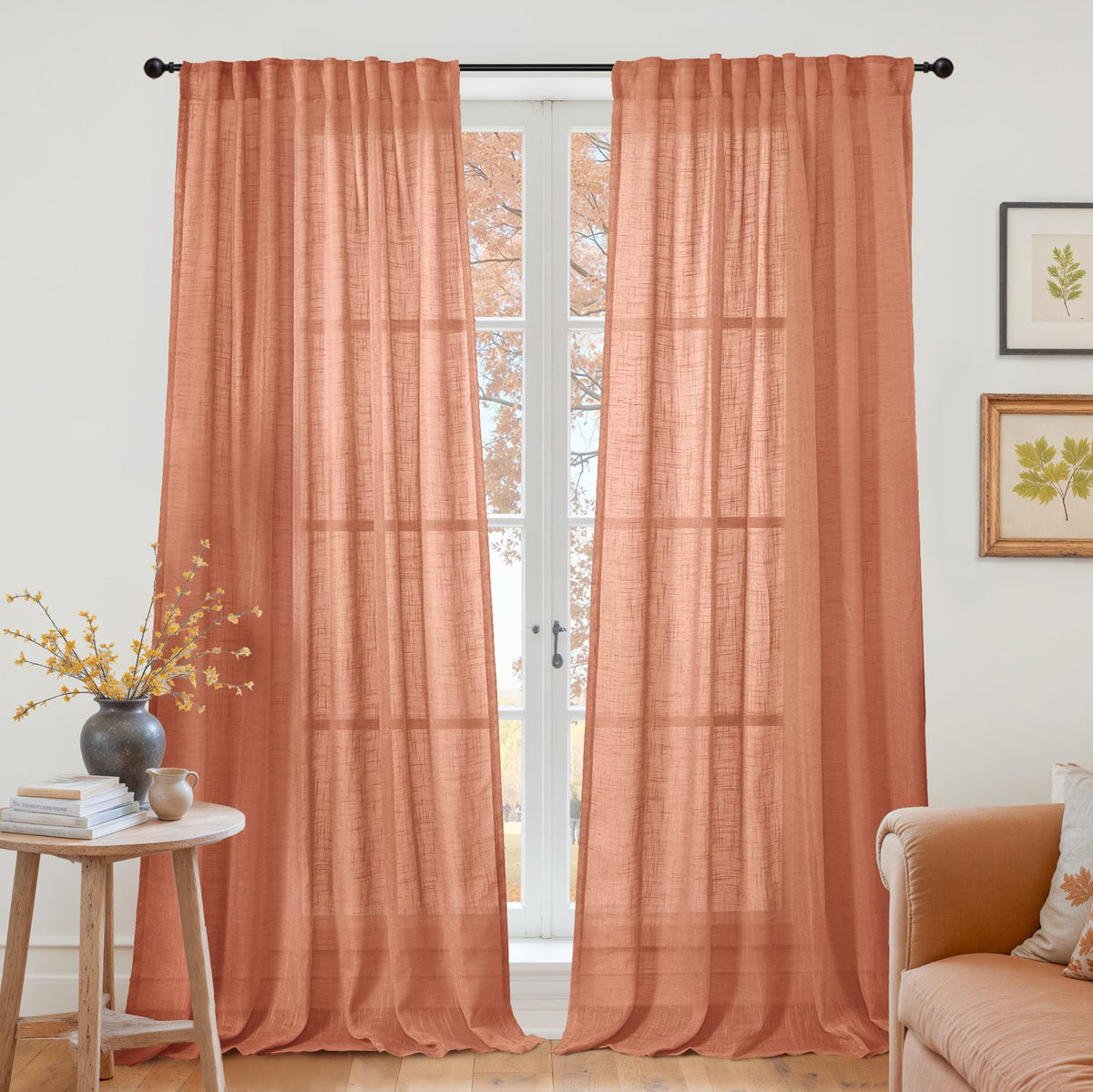 Burnt Orange Linen Semi Sheer Curtains 84 Inches Long for Living Room (2 Count)