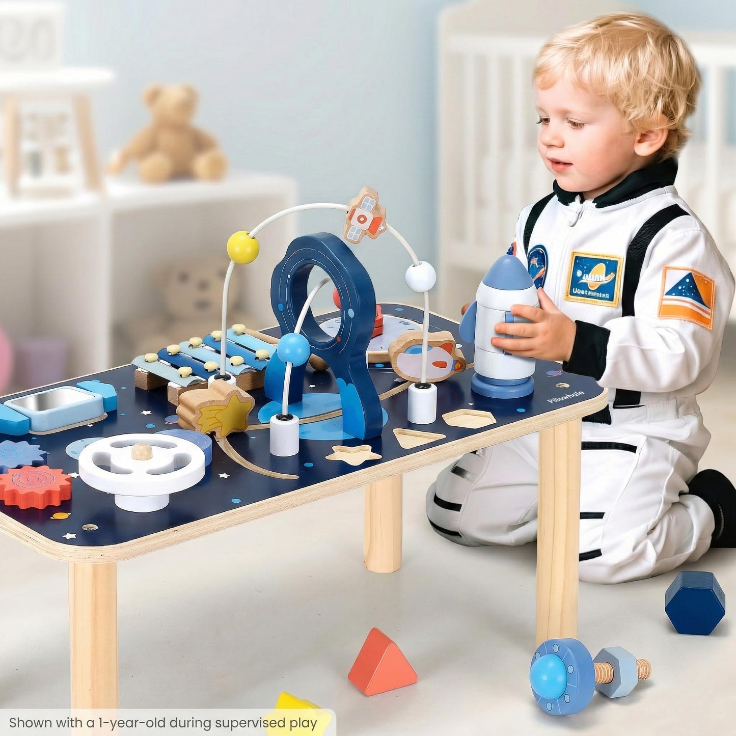 Pillowhale Wooden Activity Table with Bead Maze for 1 Year Old – Standing Sensory Play Table, Montessori Early Development Toy for Toddlers