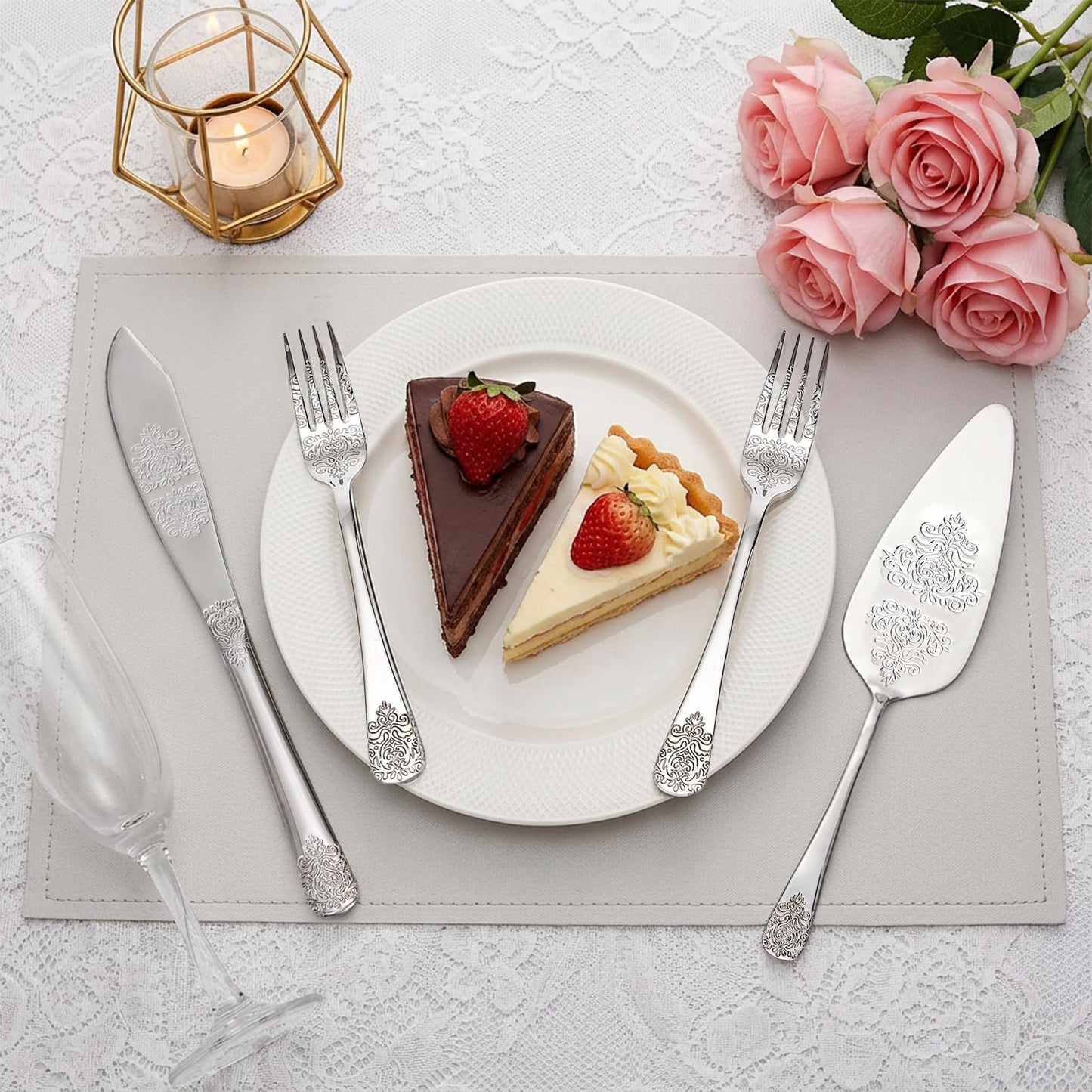 DEAYOU 4 PCS Wedding Cake Knife and Server Set, Stainless Steel Cake Cutting Set with Forks, Engraved Cake Cutter Pie Spatula for Engagement, Anniversary, Birthday, Bride and Groom Gift, Silver