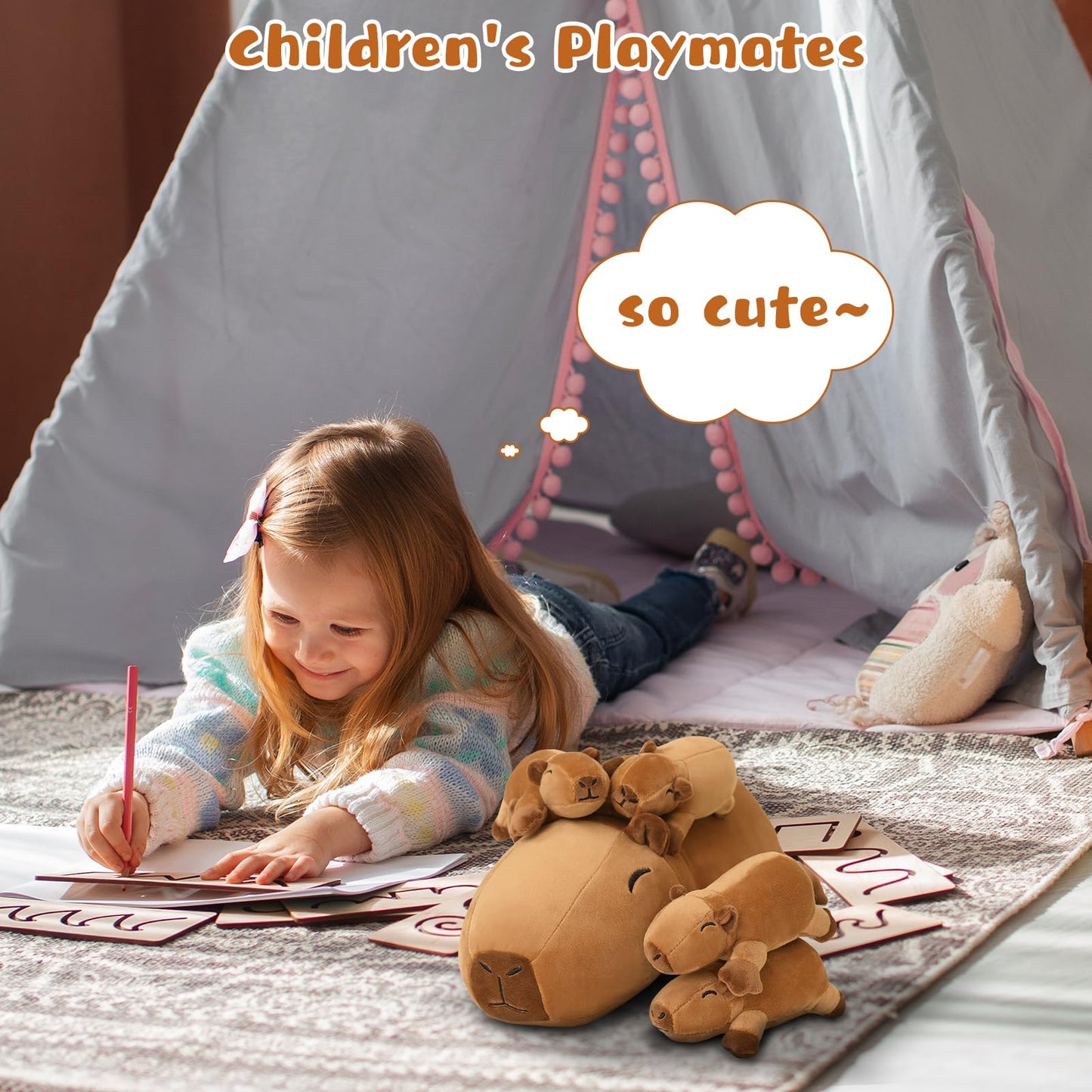 TOYSYM Capybara Plush Cute Capybara Stuffed Animal Pillow with 4 Baby Plushies in Her Tummy, Soft Cotton Stuffed Animals Toy Gifts for Kids