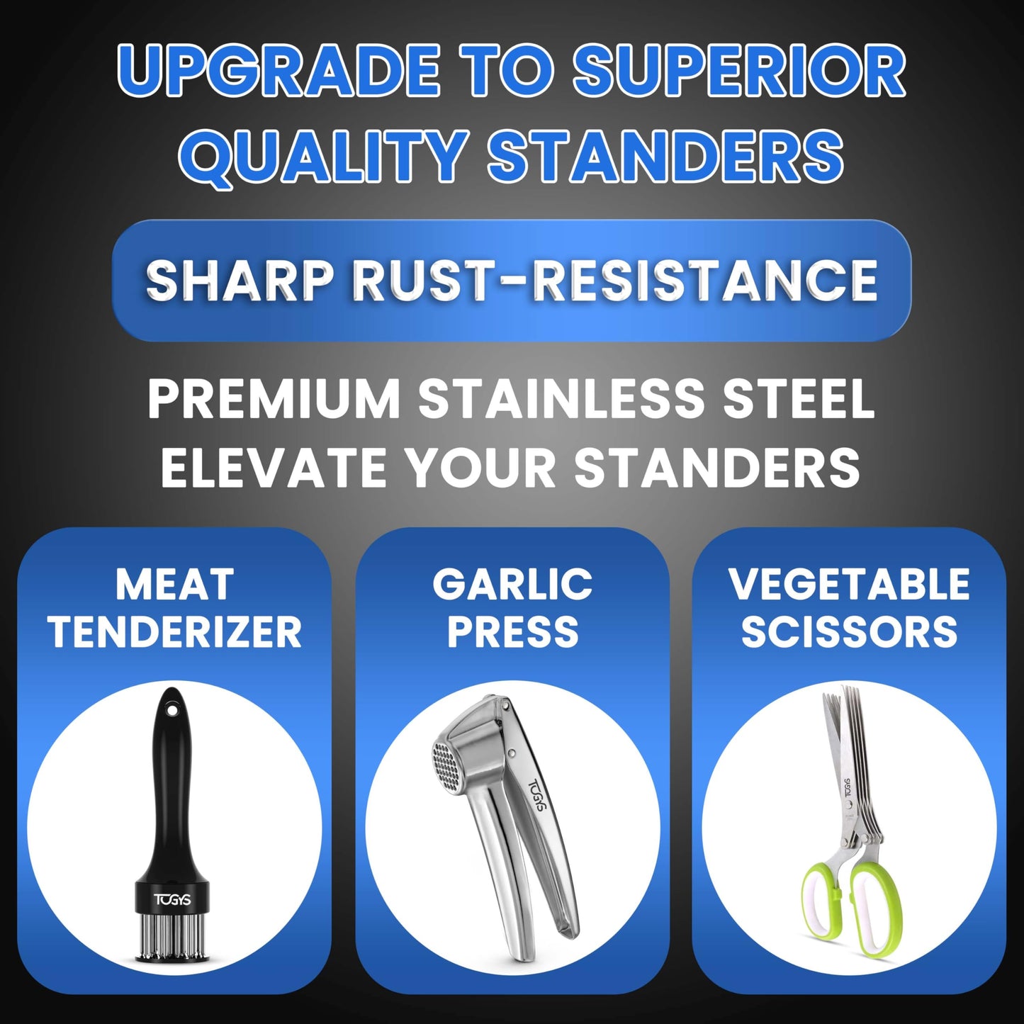 TOGYS 3-in-1 Premium Kitchen Tool Set - Heavy Duty Stainless Steel Garlic Press, Herb Scissors & Meat Tenderizer - Rust-Proof, Dishwasher Safe Cooking Gadgets - Ideal Gift for Home Chefs