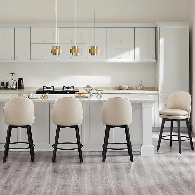 Counter Height Barstools 26 inch Upholstered Swivel Bar Stools with Back and Wood Legs for Kitchen Island,Set of 4,Beige PU Leather-Armless