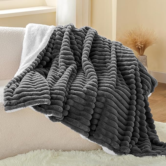 INFIIXSO Sherpa Throw Blanket for Couch - Super Soft & Warm Striped Fleece Blanket, Cozy Plush Fluffy Blanket All Season Use (Grey, 60x80 Inches)