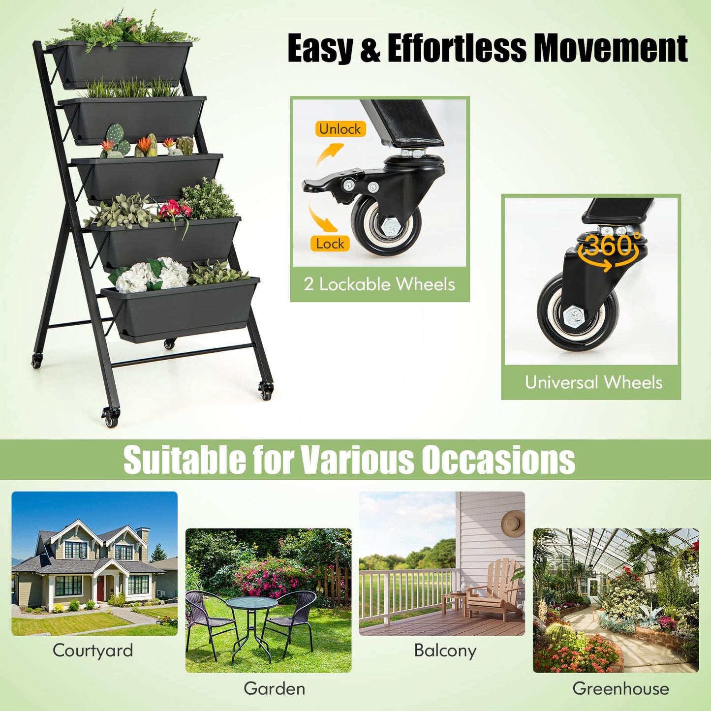 DREAMADE Vertical Garden Bed with Wheels, 5 Tier Raised Garden Bed w/Removable Planter Boxes, Lockable Wheels, Drainage Holes, Rolling Vertical Planter for Herb Vegetable Flower, Outdoor Patio Balcony