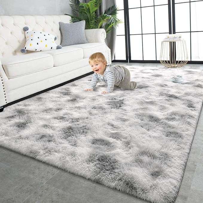 TWINNIS Super Soft Shaggy Rugs Fluffy Carpets 6x9 Feet, Indoor Modern Plush Area Rugs for Living Room Bedroom Kids Room Nursery Home Decor, Upgrade Anti-Skid Fuzzy Rug, Grey and White