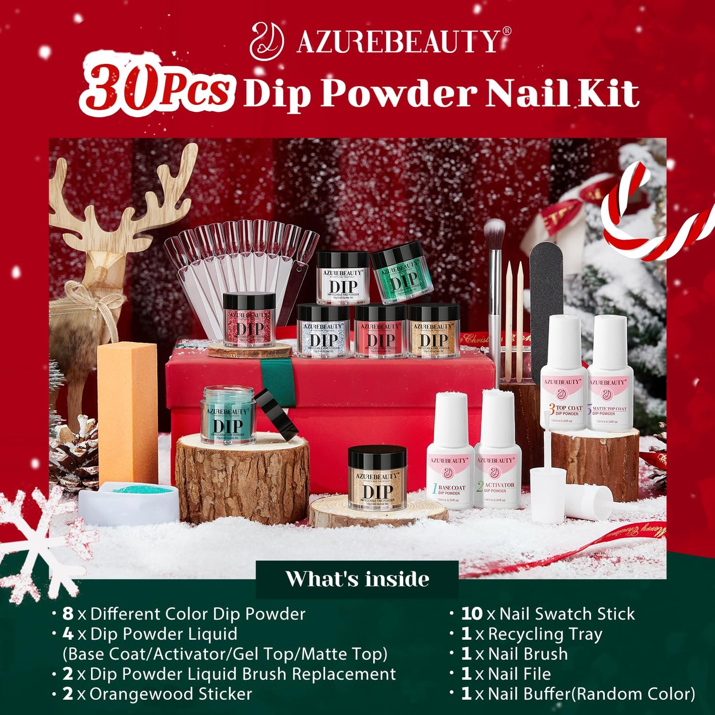AZUREBEAUTY 30Pcs Dip Powder Nail Kit Starter, 8 Colors Green Red Gold Silver White with Nail Sticks, Nail Art Liquid Set with Matte/Base/Top Coat Activator for French Manicur