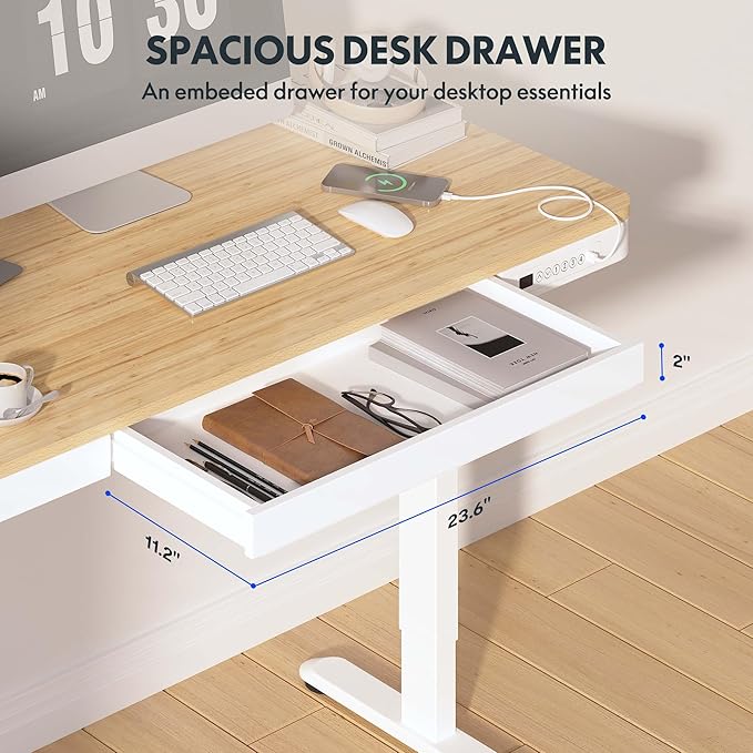 FLEXISPOT Comhar Electric Standing Desk with Drawer Desktop & Adjustable Frame w/USB Charge Ports (Bamboo-Look Laminate/White, Wood)