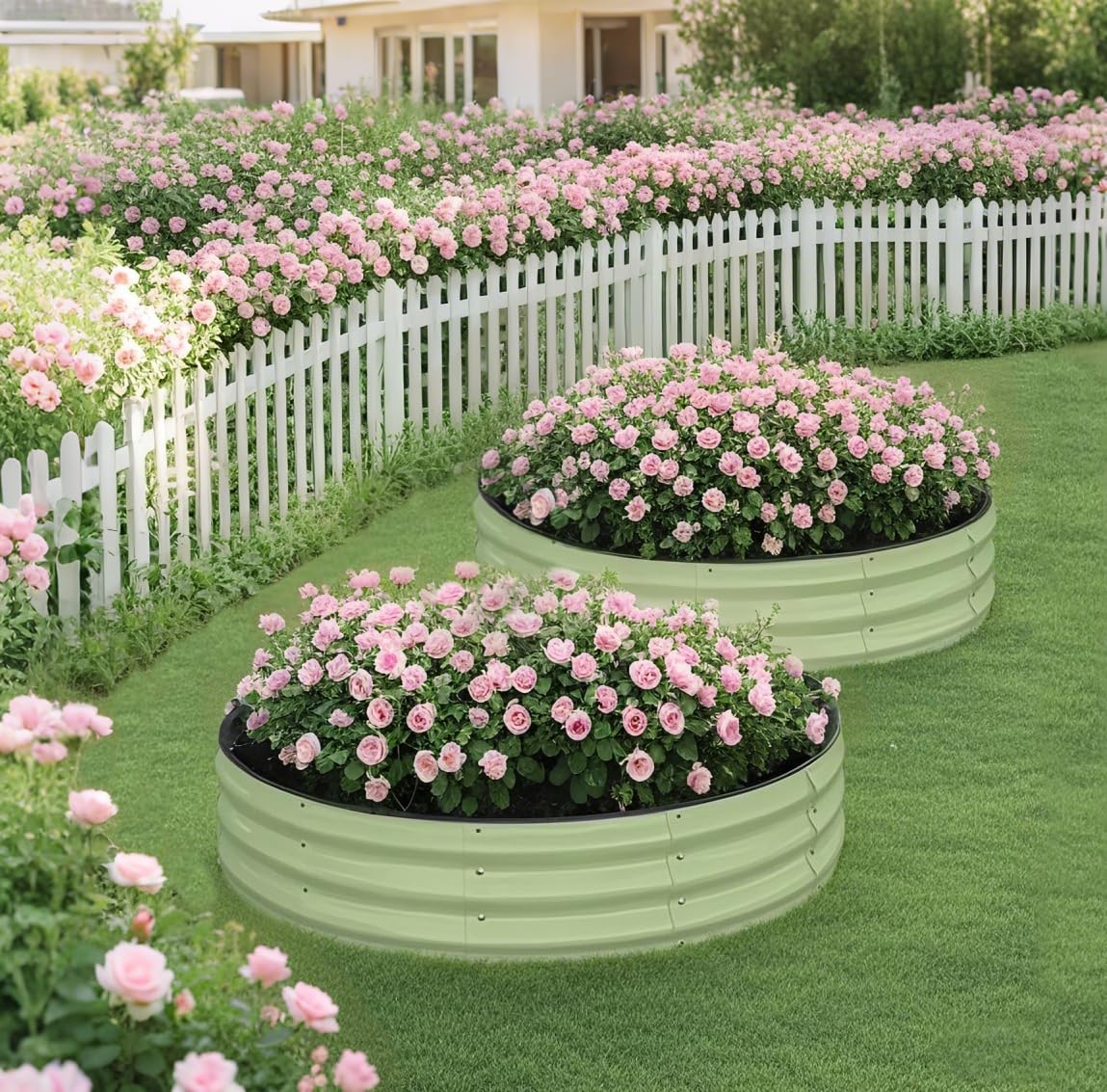 Winpull Raised Garden Bed Kit, 4x4x1 ft Round Galvanized Planter Box Outdoor with Safety Edging, Large Metal Raised Beds for Gardening Vegetables Flower Fruits (Avocado Green)