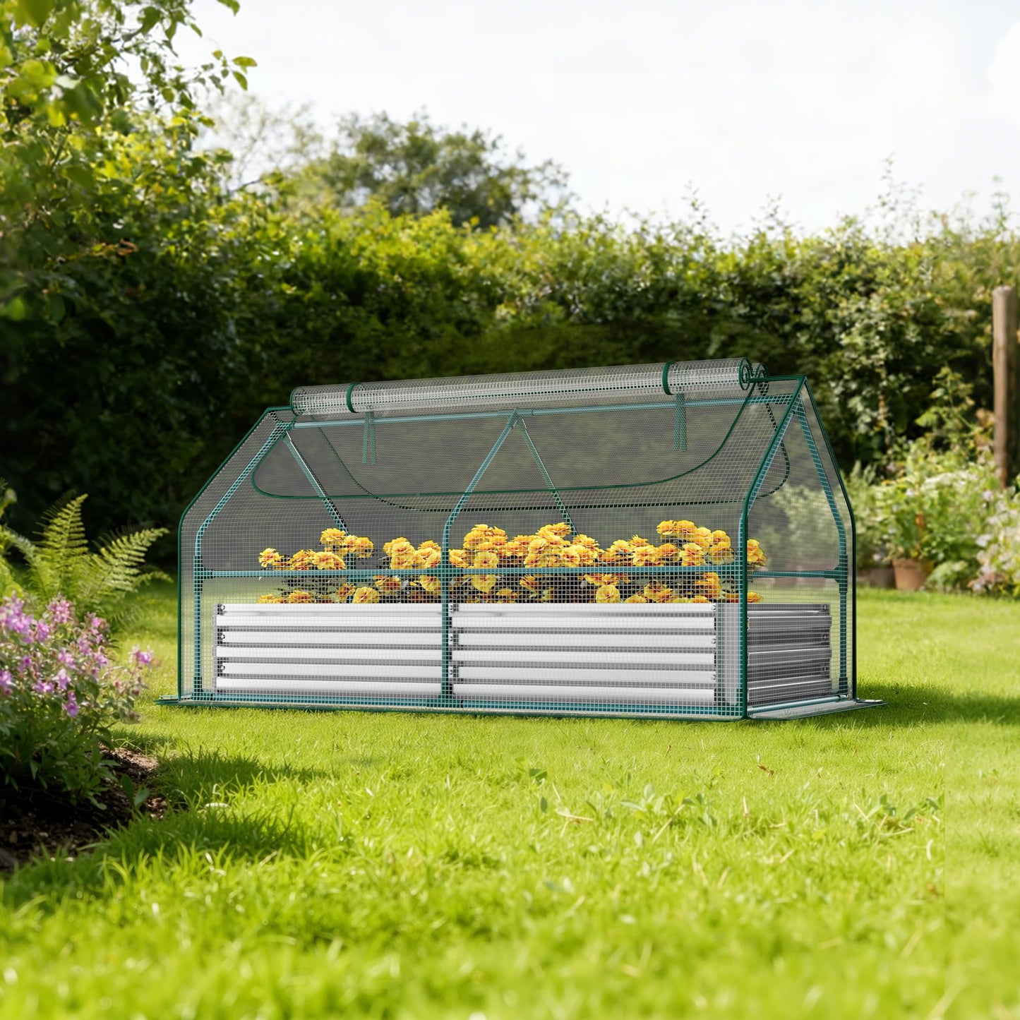 Miory Raised Garden Bed with PE Cover, 6x3x1 FT Galvanized Planter Box Outdoor with Greenhouse Cover, 2 Large Zippered Screen Windows for Vegetables, Flowers, Includes Labels & Gloves