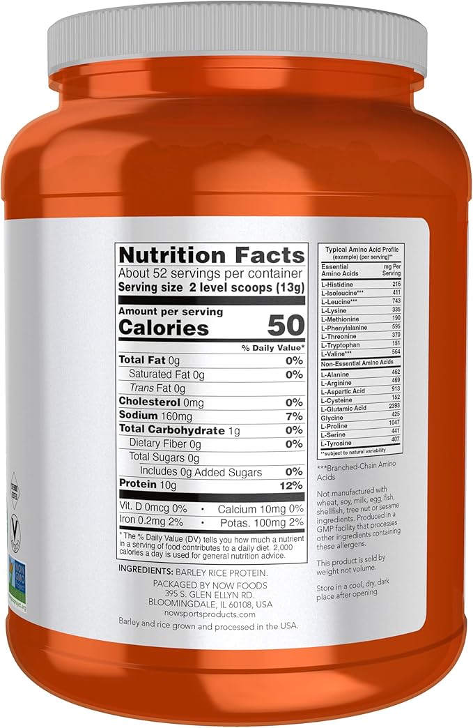 NOW Sports, Barley Rice Protein Powder, Unflavored, Highly Sustainable, 10 Grams Protein, 1.5 lbs.