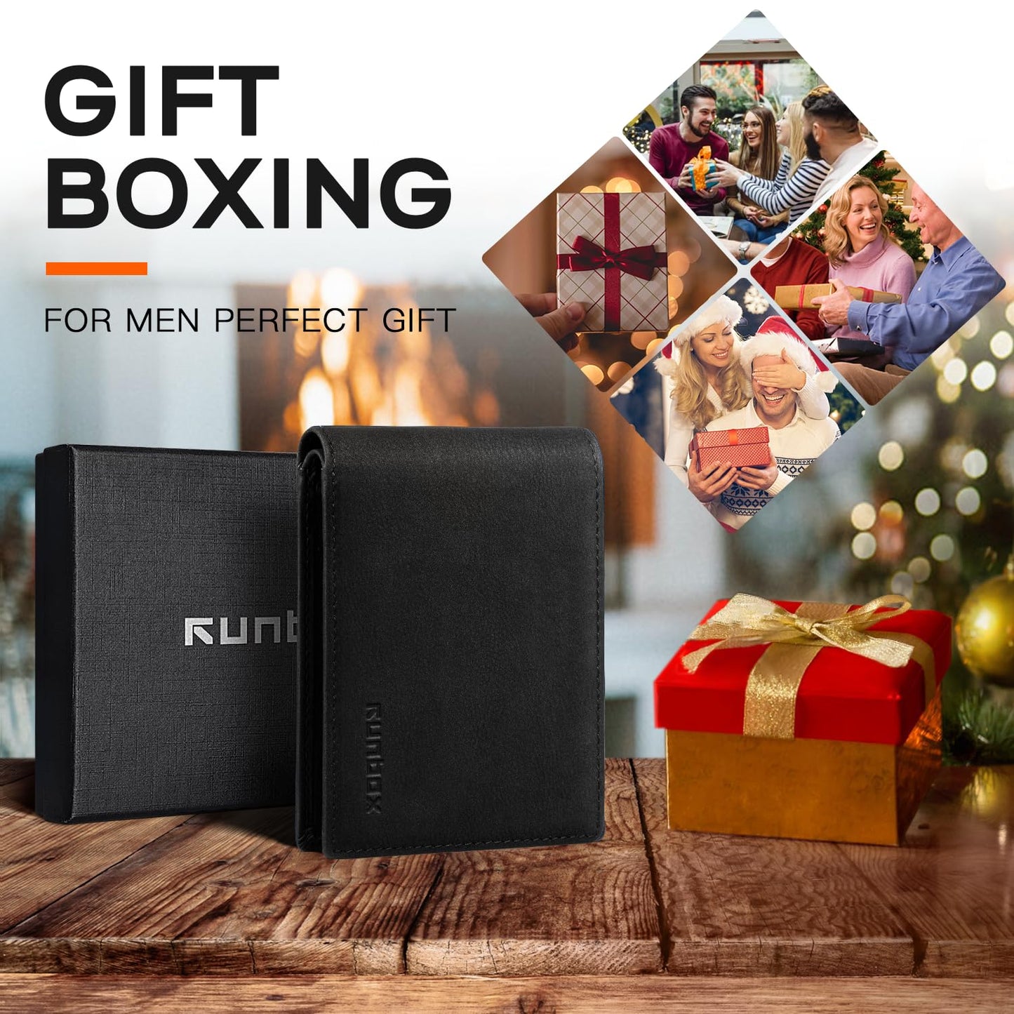 RUNBOX Wallet for Men Slim Leather Bifold RFID Blocking Minimalist Front Pocket Design with Gift Box