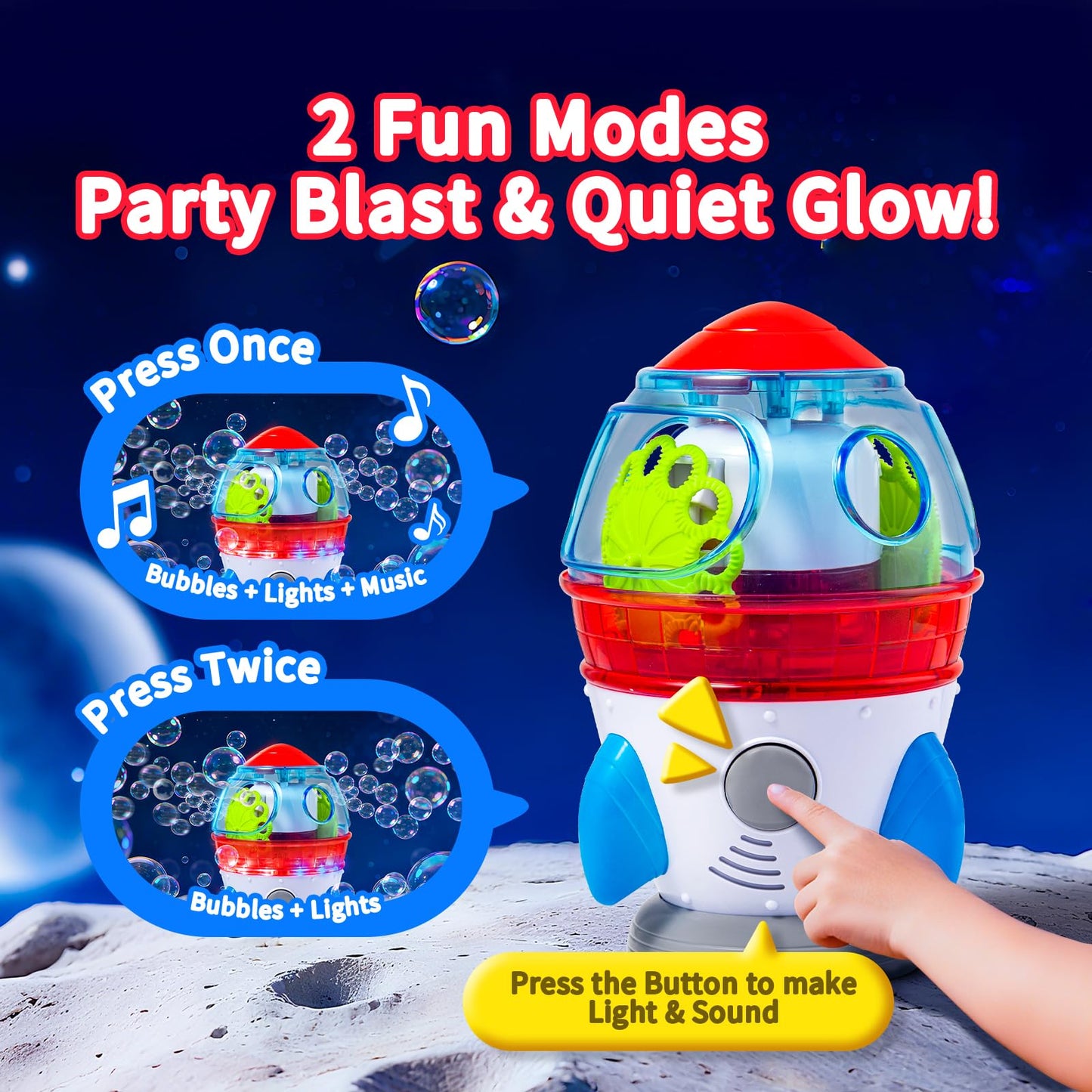 Rocket-Shaped Bubble Machine for Kids & Pets - Dual Powerful Bubble Outlets, Automatic 360° Rotation, Adjustable LED Lights & Music – Ideal for Indoor/Outdoor Birthday Parties