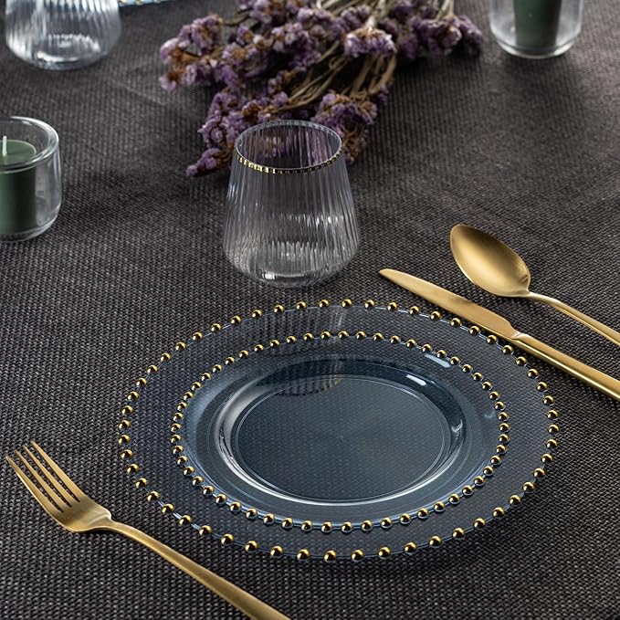 PLASTICPRO 128 Piece Combo Plastic Dinner Plates Disposable Plastic Fancy Heavy Duty Party Dishes 7 inch and 10 inch, Translucent Blue and Gold Beaded
