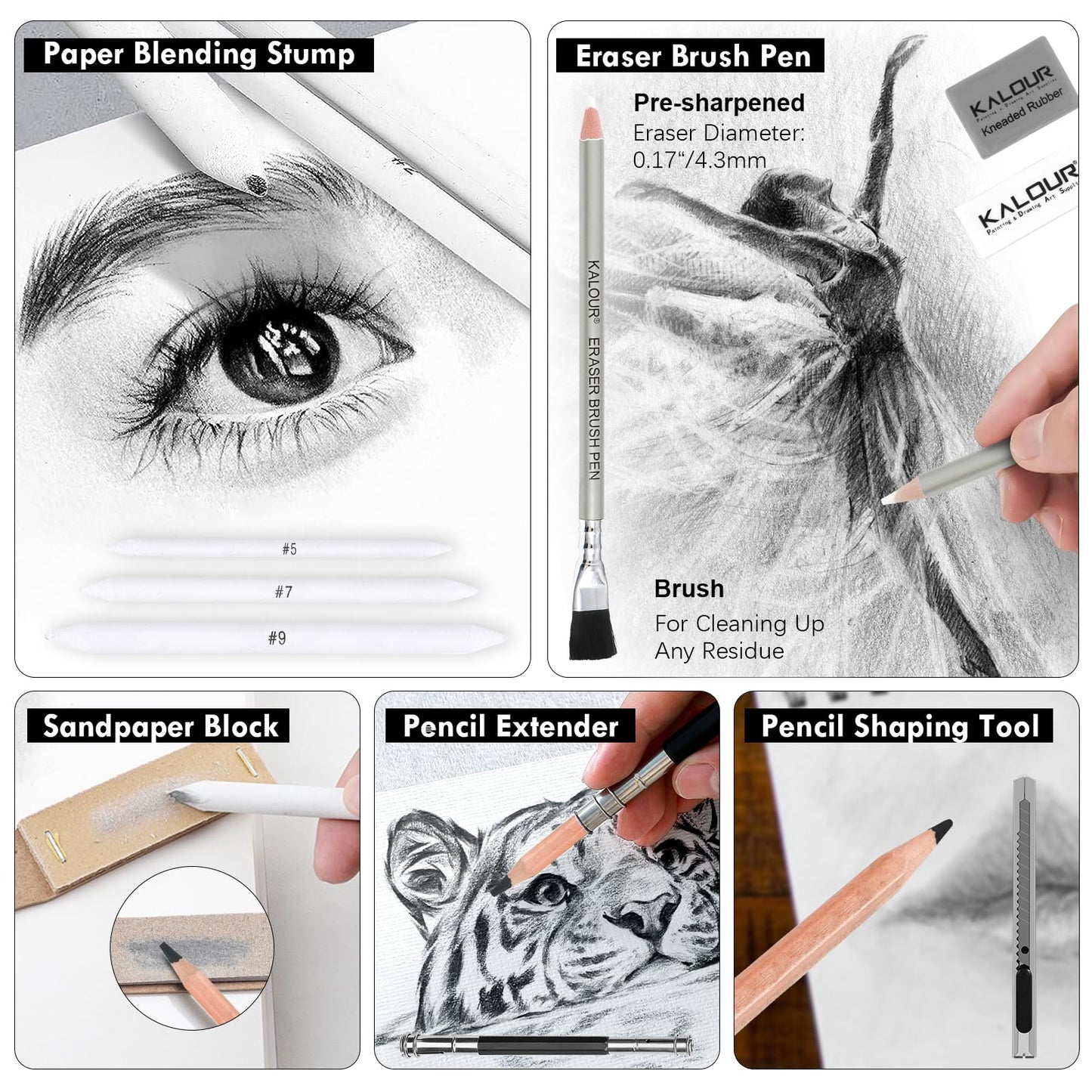 KALOUR PDAS 39pcs Drawing Pencil Set, Professional Sketch Pencils (5H-14B), Black and White Charcoal Pencils for Sketching, Eraser Brush Pen, Charcoal Sticks, Art Pencils Set for Artists & Beginners