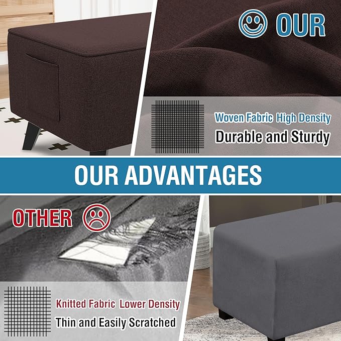 H.VERSAILTEX Thick Durable Linen Look Ottoman Cover Square Fit Length 24"-25" Footrest Folding Storage Stool Furniture Protector Soft Slipcover for Living Room with Elastic Bottom - Heather Chocolate