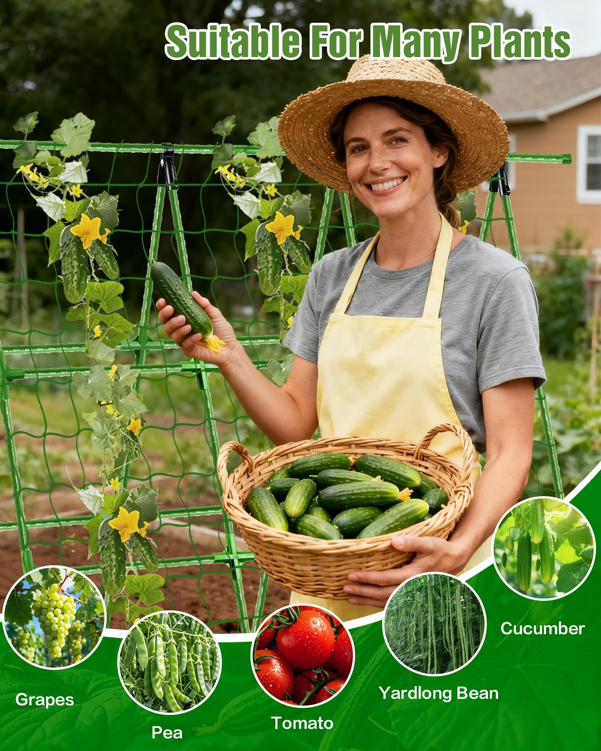 Joyhalo A-Frame Cucumber Trellis for Raised Beds, 47" Hx 57" L Adjustable Size, Garden Trellis for Climbing Plant Outdoors with Climbing Net and Plant Support Clip for Vegetable Vine Pea Bean Tomato