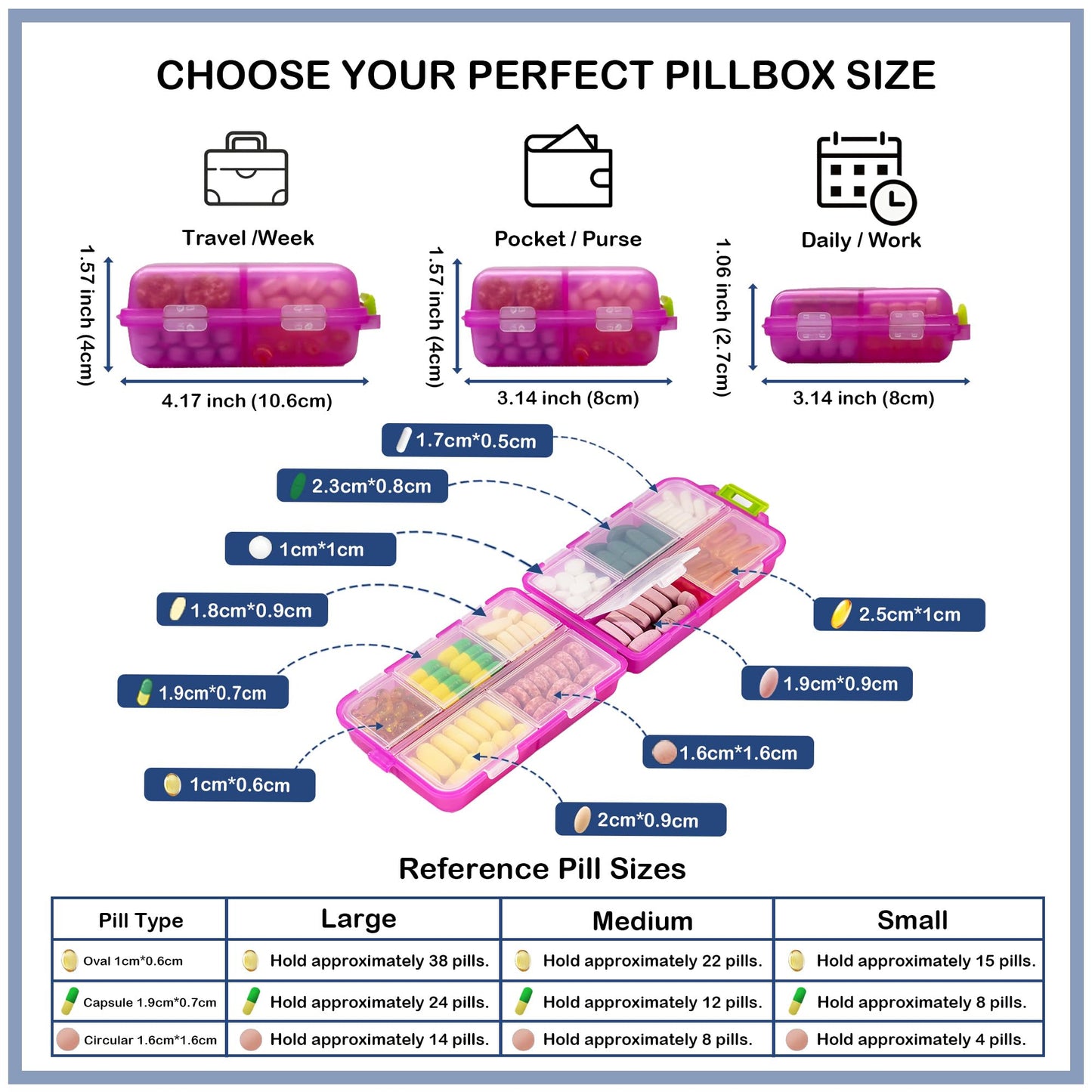 2026 New Extra Large Pill Box with Medicine Labels Travel Essentials Daily Med Container Mini Medication Organizer Storage Organizer Case 7 Day Pill Organizer(Pink)