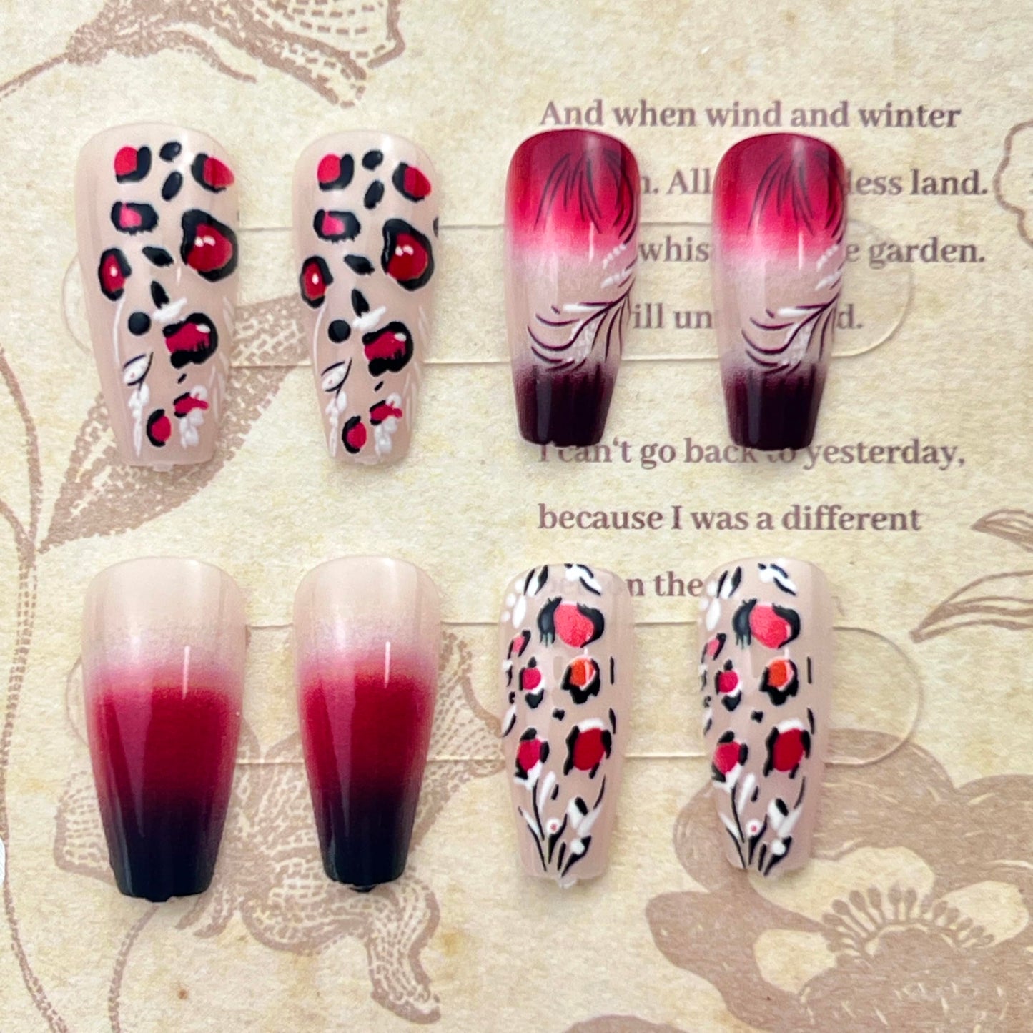 Leopard Print Press on Nails Red Black Gradient Fake Nails Ballerina Square Acrylic False Nails Plant Lines Glossy Reusable Stick on Nail for Women DIY Manicure Decoration 24 Pcs