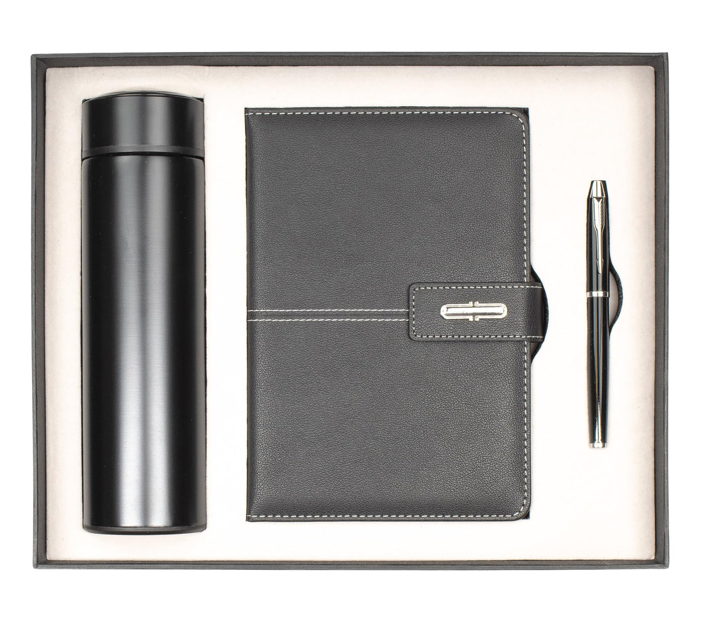 Shadow Breeze A5 Leather Notebook, Insulated Thermos and Executive Pen Gift Set in Premium Gift Box, 172 Pages 100GSM Ruled Pages, 12 oz, Great Gift for Business, School, Home (Black)