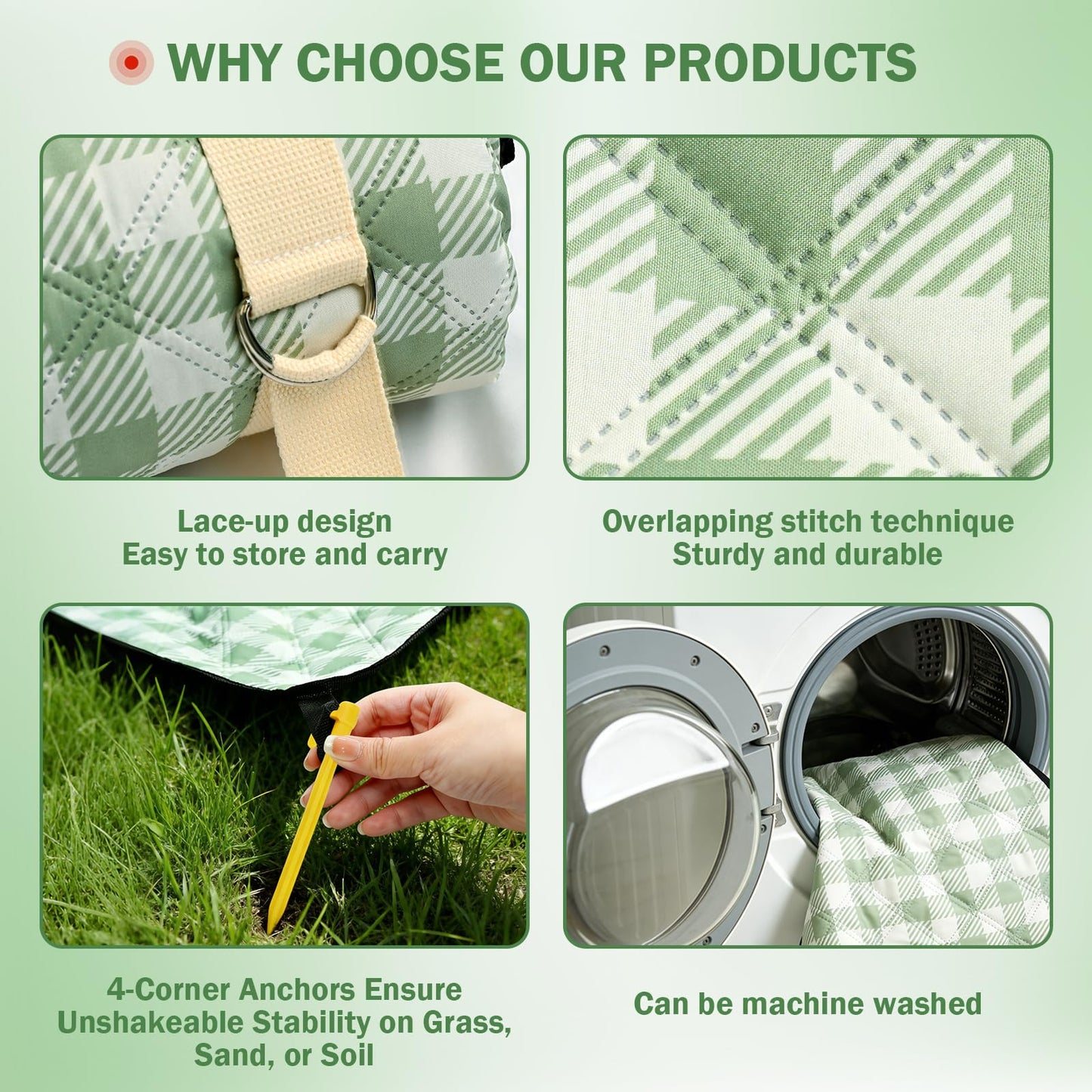 Extral Large Outdoor Waterproof Picnic Blanket With Shoulder Strap, 80"X80" 3-Layer Windproof Foldable Picnic Mat with Corner Nails, Machine Washable, Camping, Lawn Park Grass, Travel, Beach, Green