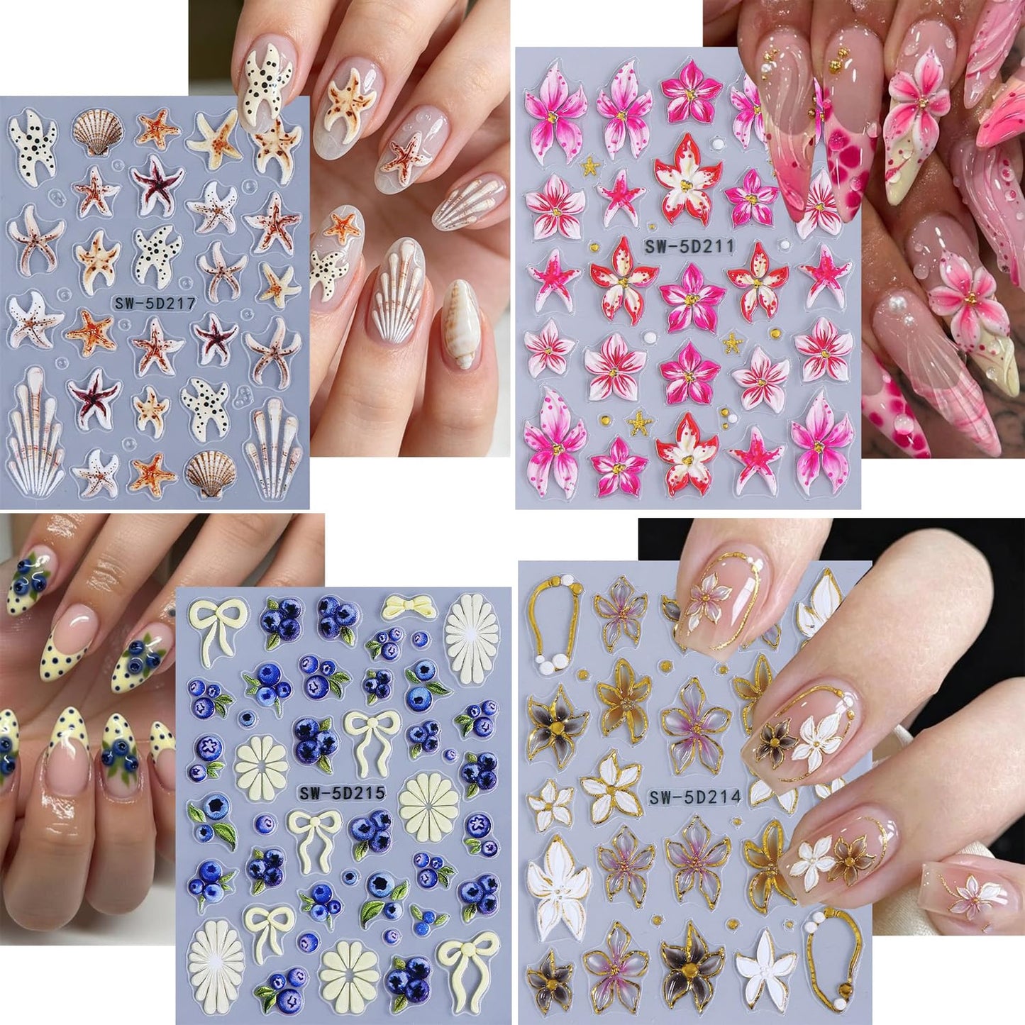 5D Flower Nail Stickers for Nail Art - Self-Adhesive 3D Embossed Floral Nail Decals with Starfish Shell & Bow Designs, Cute Summer Ocean Nail Stickers for Women DIY Manicure 4 Sheets