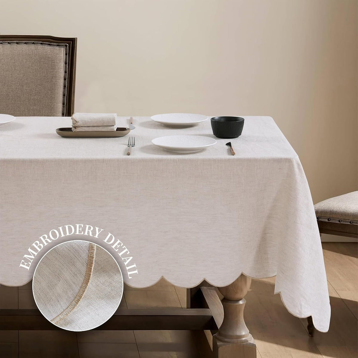 100% French Flax Linen Scalloped Embroidery Rectangle Tablecloths 120Lx60W Inch for Dinners, Parties, Spring, Machine Washable, 10-12 Sets, Linen(Edges-Gold)
