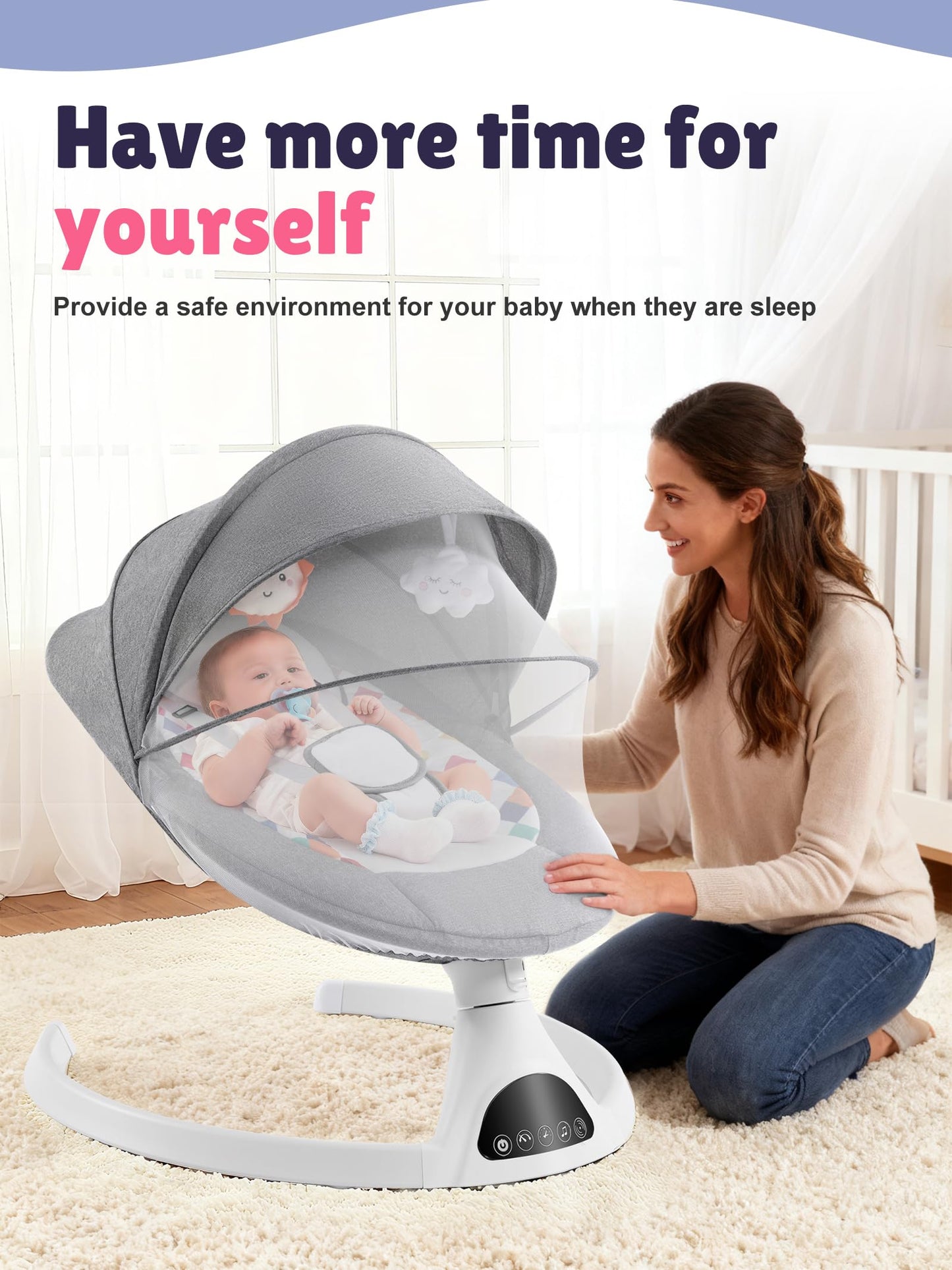 FDTQP Baby Swing for Infants - Electric Portable Bluetooth Baby Rocker with 5 Speeds, 5-Point Harness, Remote Control, Timing & Music Speaker Max 20 Lbs (Gray)