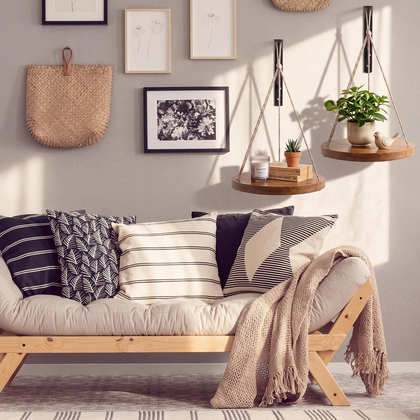 Xuhal 2 Set Hanging Plant Shelf Macrame Plant Hanger Indoor Natural Solid Wood Hangers Shelf with Rope Hanging Floating Shelves Display Planter Rack Decorative Flower Pot Holder Tray Boho Home Decor
