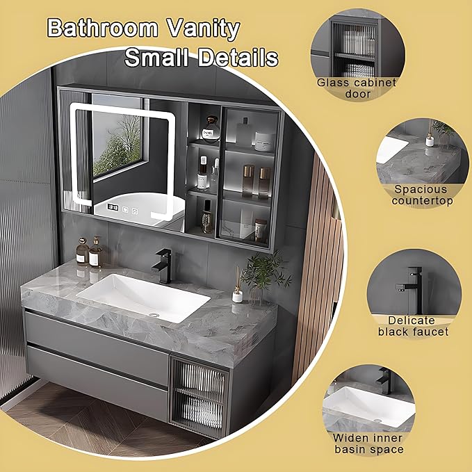 Gray 28IN Modern Bathroom Vanity - Wall-Mounted Bathroom Storage Cabinet & Bathroom Vanity with Sink, Bathroom Medicine Cabinet Wall Mounted, Defogging & Led Lighting | Bathroom Cabinet Slim