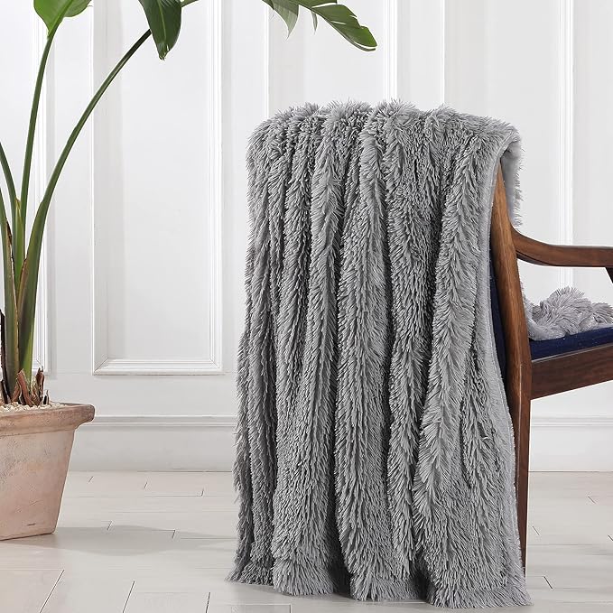 Tuddrom Decorative Extra Soft Faux Fur Throw Blanket 70" x 78",Solid Fuzzy Reversible Fluffy Cozy Plush Mink Fleece Comfy Microfiber Blanket for Couch Sofa Bed, Grey