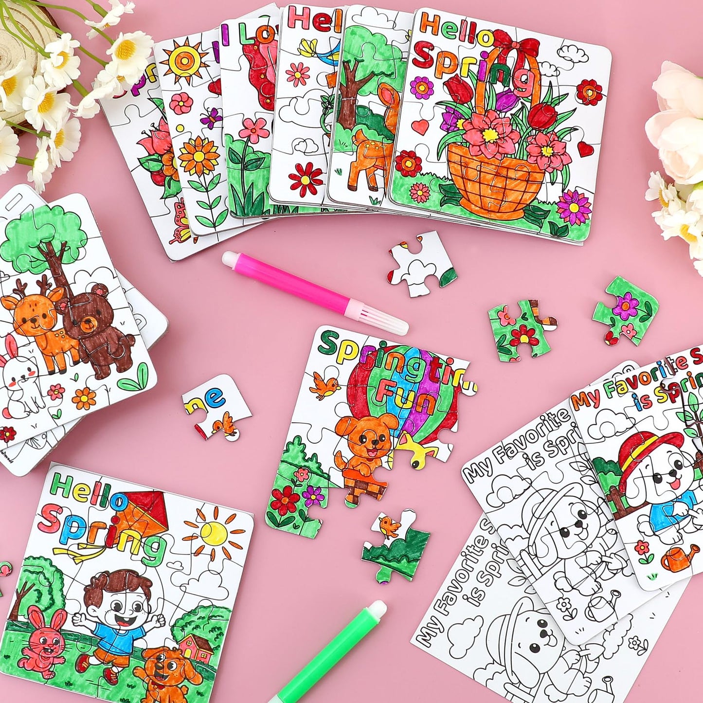 24Pcs Spring Crafts for Kids & Adults Bulk, Spring toddler Art and Craft DIY Puzzle Kits with Flower Butterfly Bee Bunny, Easter Jigsaw for School Classroom Activity April Party Favors & Gift Supplies