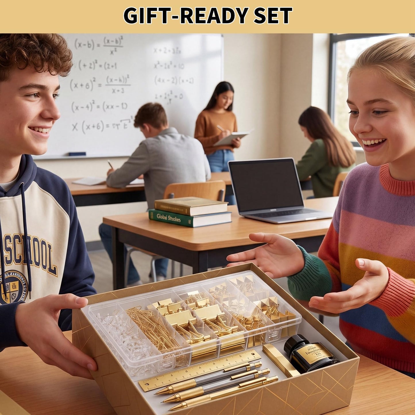 BESARME Gold Paper Clips and Binder Clips Set, 279 Pcs Gold Desk Accessories Assorted Office Essentials in Organizer Box for Office School Home Paper Sorting Note Pinning