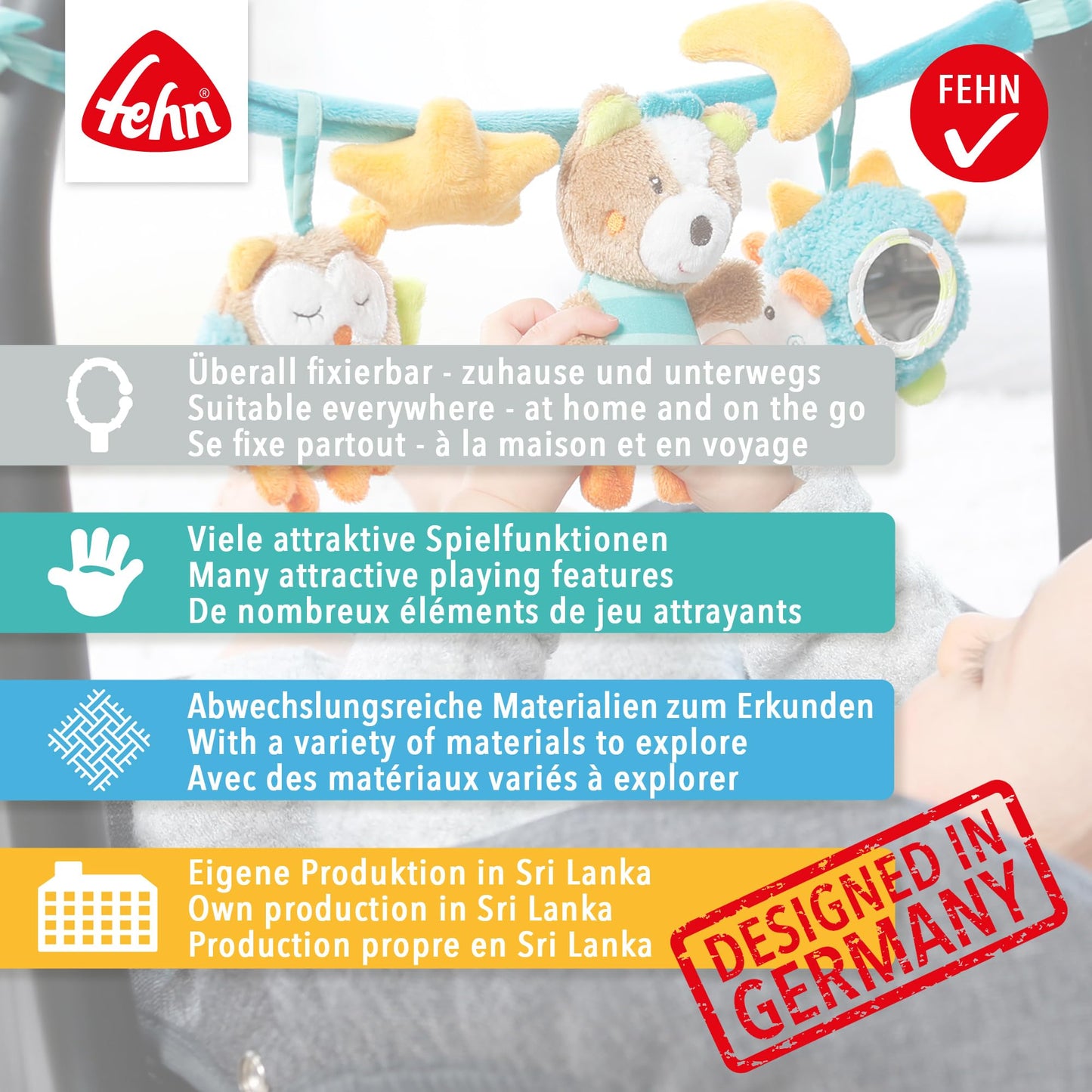 Fehn FeehnLAND Stroller Chain, Mobile Chain with Cute Hanging Figures, Flexible Hanging Motor Activity Toy, Play Bow for Babies and Toddlers from Birth