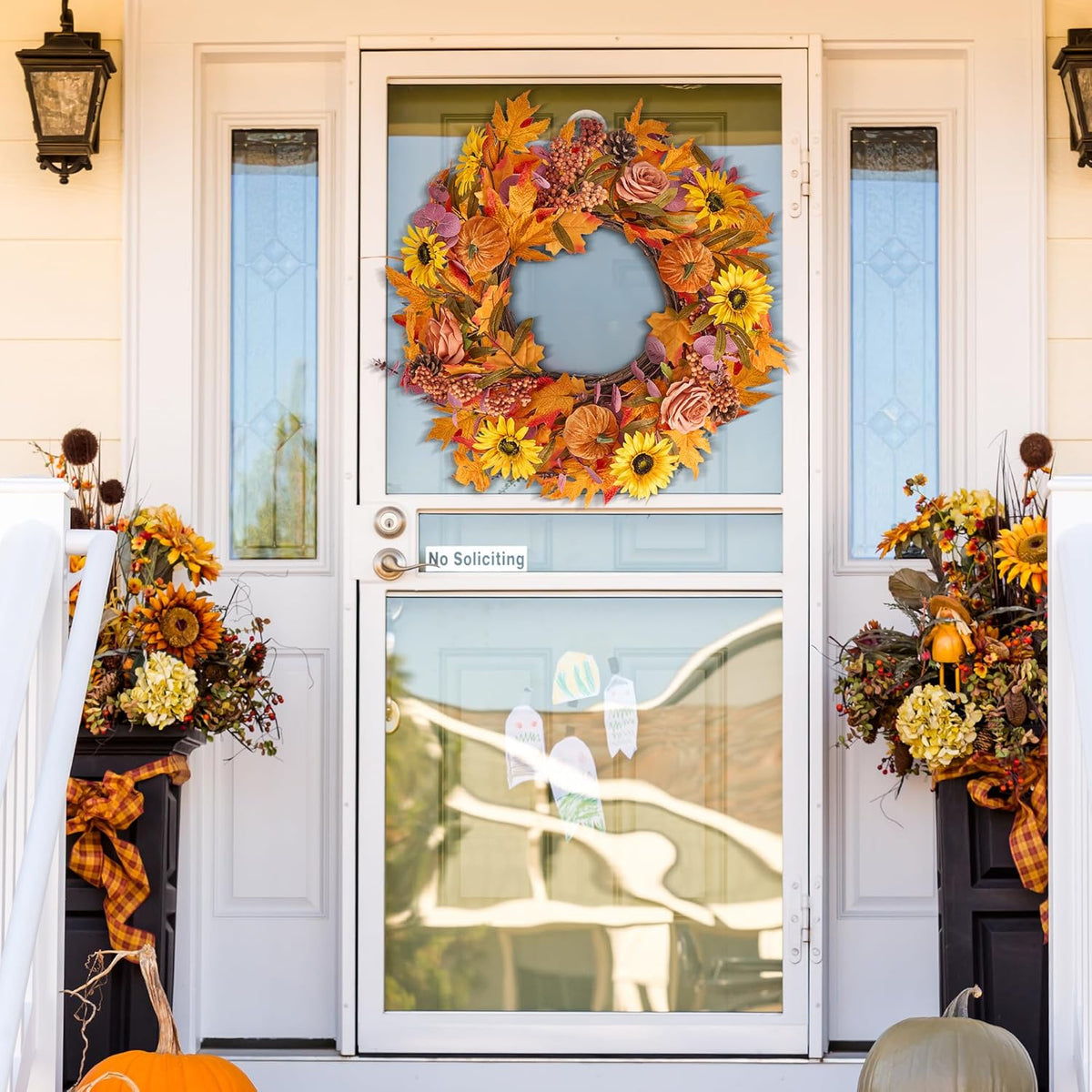 GENMOUS 24Inch Fall Wreaths for Front Door, Autumn Velvet Pumpkin Wreath Autumn Maple Leaves Porch Decor, Farmhouse Wreaths Home Wall Outdoor Indoor Thanksgiving Halloween Harvest Festival Fall Decor