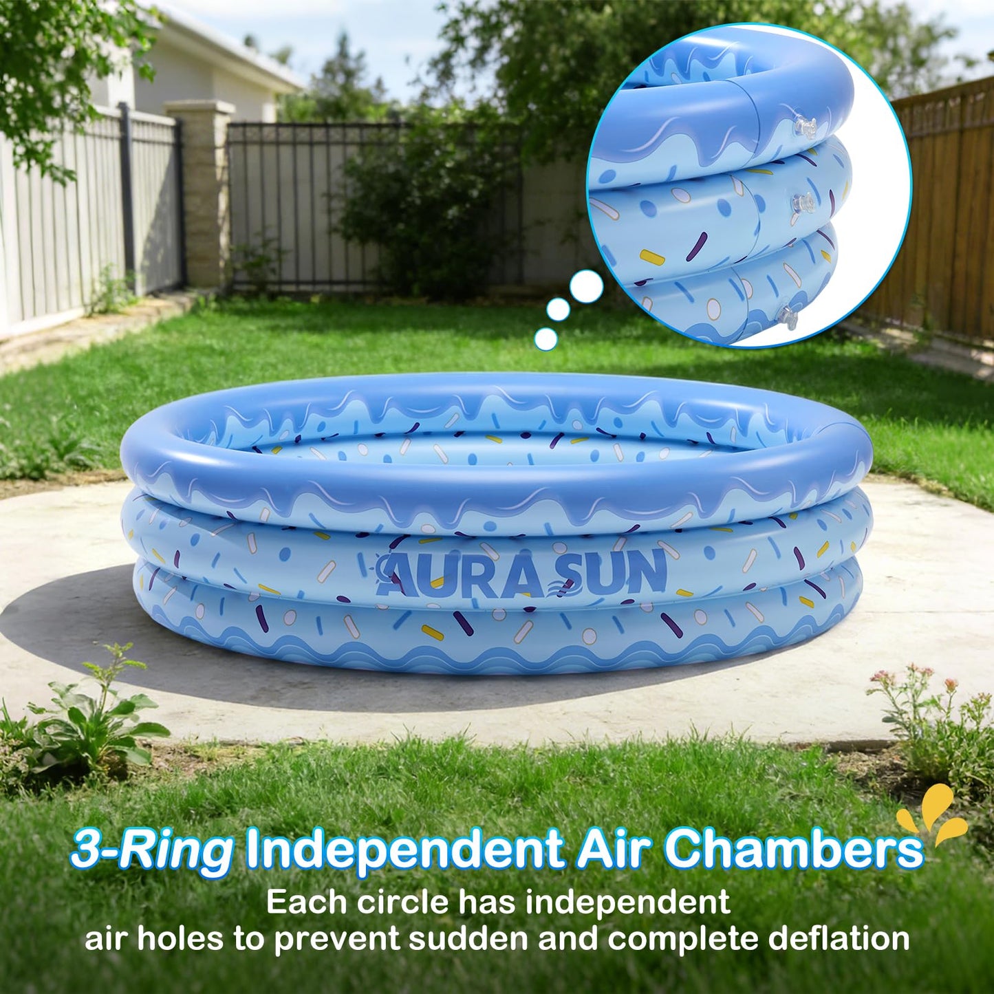 Inflatable Baby Pool Small Kiddie Swimming Pool, 3 Rings Round Pad Pool for Kids & Toddler, 48"X12" Portable Indoor Ball Pit Toys, Outdoor Water Play for Girl/Boy (Blue)