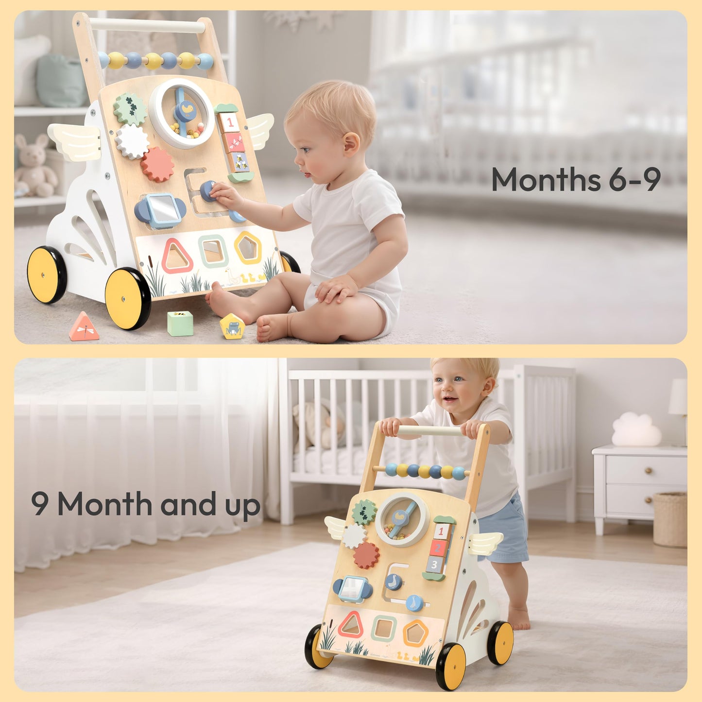 KizKnows Wooden Baby Walker with Wheels Speed Adjustable Baby Push Walker for 12+ Months Boys Girls Learning to Walk & Sit-to-Stand Activity Center with Sensory Toy Kids Development Gift