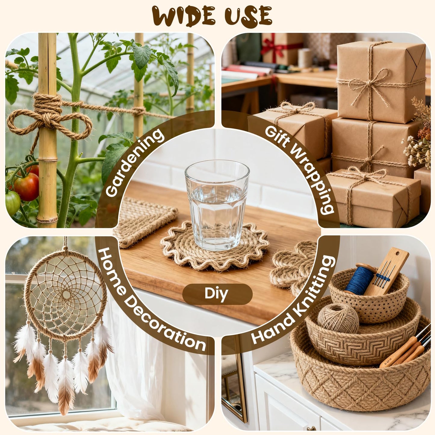 Natural Jute Twine 5mm x 328ft, 4Ply Twisted Heavy Duty Rope Roll for Gardening, Crafting, Bundling, Cat Scratching Post, Home Decor, Christmas Decorations