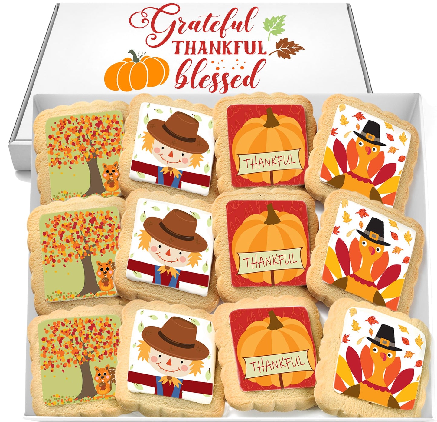 Thanksgiving Cookies 12 Pack Decorated | INDIVIDUALLY WRAPPED Sugar Cookies | Gift Basket Pumpkin Turkey Scarecrow | Nut Free