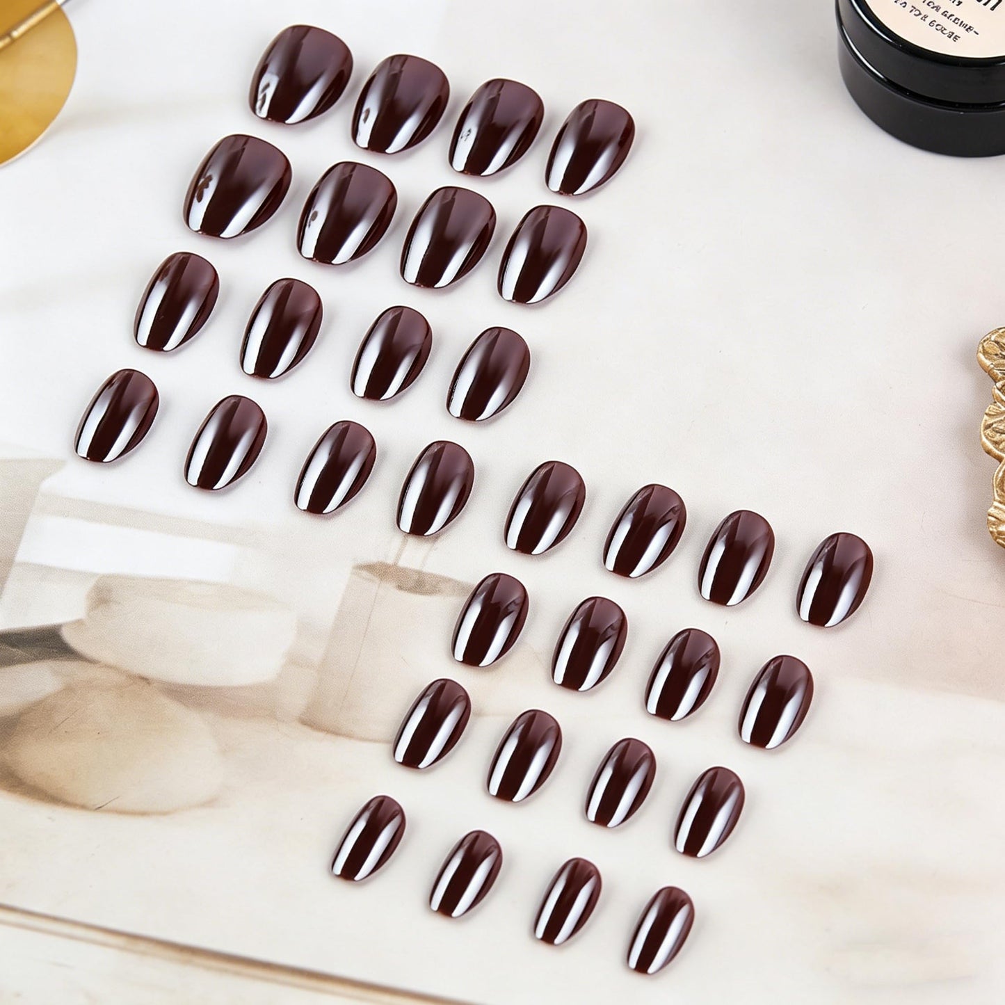 Dark Brown Chrome Short Oval Press On Nails - 32Pcs 16 Size Soft Gel Electroplated Fake Nails with Glue, Reusable Metallic Brown False Nails for Women Daily Office Party