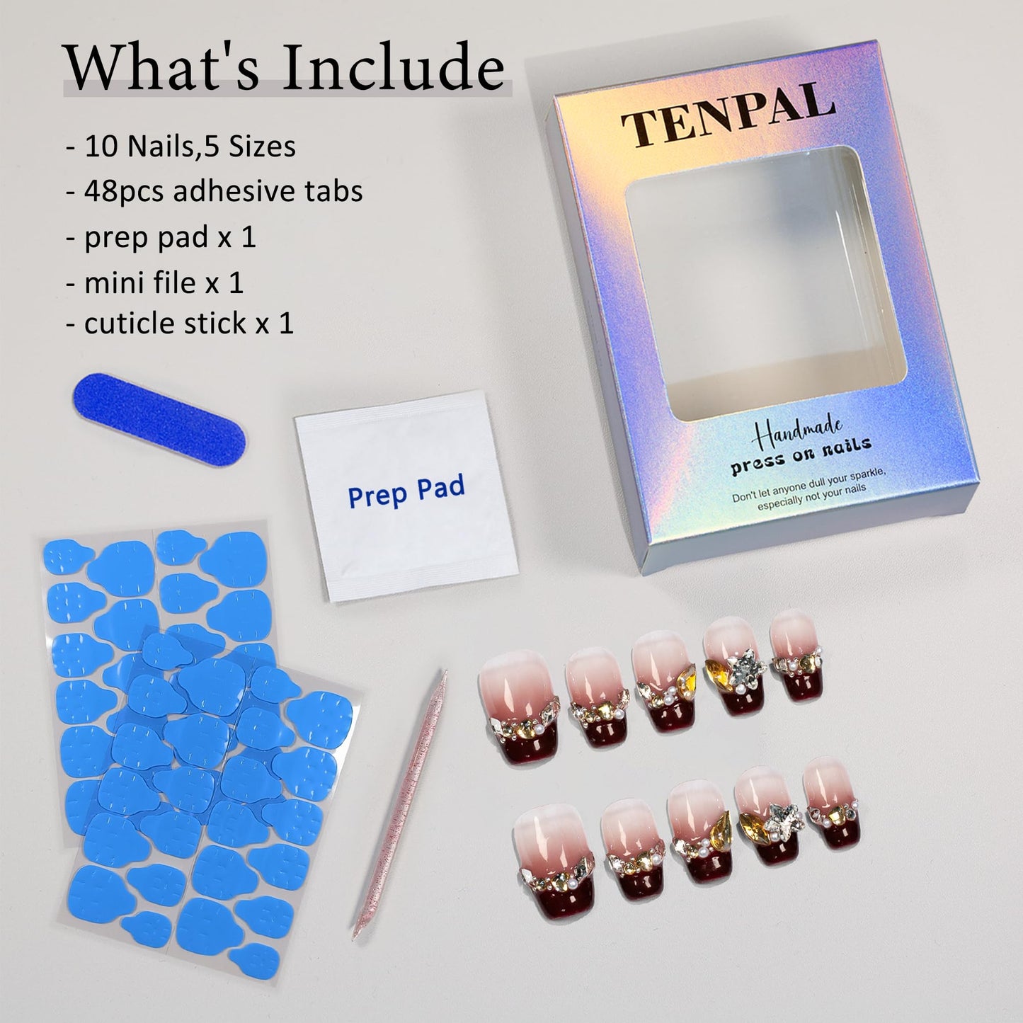 TENPAL Berry Red Glitter French Tips Press on Nails with Rhinestones,Handmade Reusable Bridal Fake Nails with Kit,Y2K Long Lasting Soft Gel Valentines nails(S)