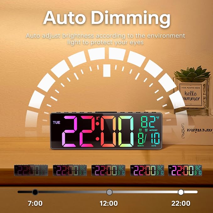 JALL 10.5'' Large Digital Alarm Clock with Big LED Number for School Classroom, Remote Control, RGB Colors,Timer, Dual Alarm, Temperature for Bedroom, Living Room, Gift for Senior Student Teacher