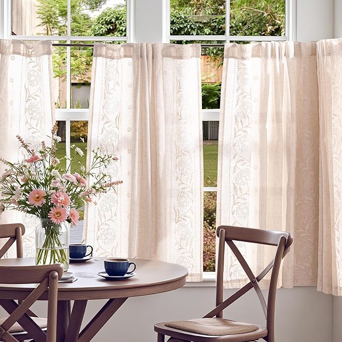 jinchan Winslow Linen Curtains 45 Inch Length Small Window Curtains Embroidered Bordered Floral Drapes Light Filtering for Bathroom Laundry Room Kitchen Farmhouse Decor White on Beige 2 Panels