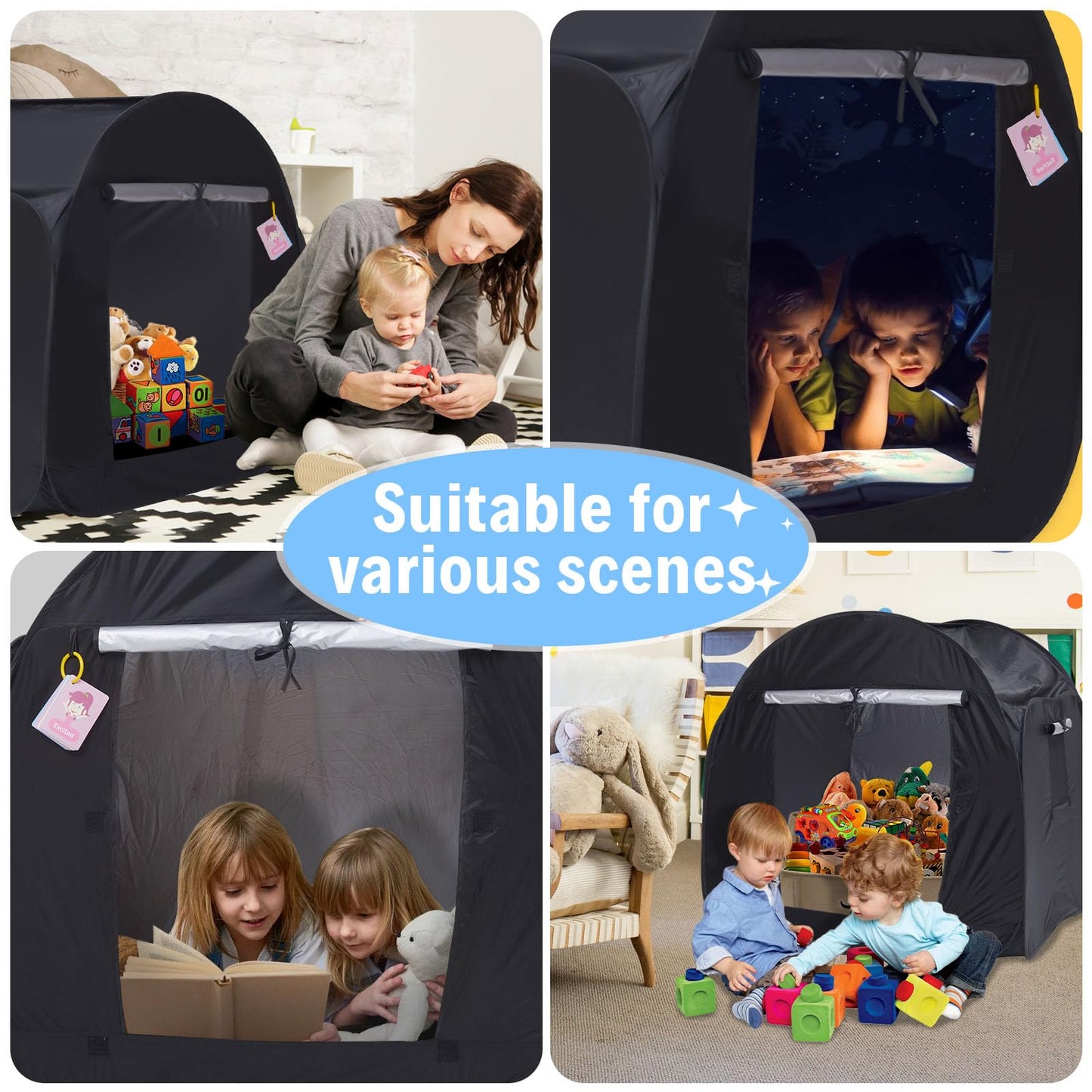 Kids Pop-up Sensory Tent, Foldable Blackout Tent for Children with Autism and ADHD, Calm Corner with Cognitive Toys Included, with Mesh Windows， Ideal for Kids with Special Sensory Needs