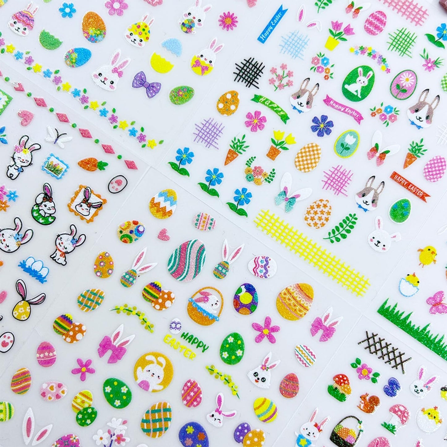 6 Sheets Glitter Easter Nail Art Stickers Easter Egg Rabbit Nail Decals 3D Self Adhesive Cute Chicken Eggs Nail Art Supplies Cartoon Bunny Carrot Nail Supplies Stickers for Women DIY Nail Decorations