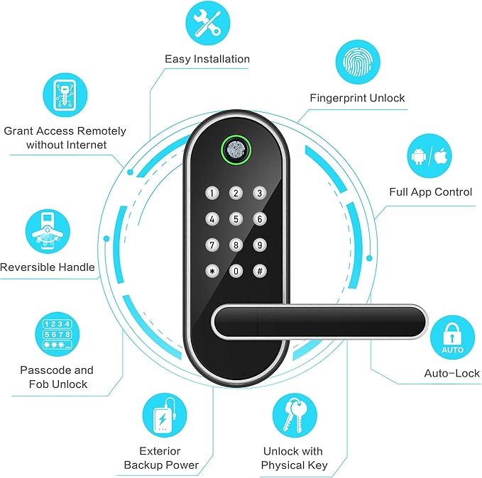 Fingerprint Smart Door Lock with Handle & Keypad – No More Lost Keys, Keyless Entry & Remote Access for Home, Kids, Airbnb & Rental Property, DIY Install, Alexa & Google Compatible