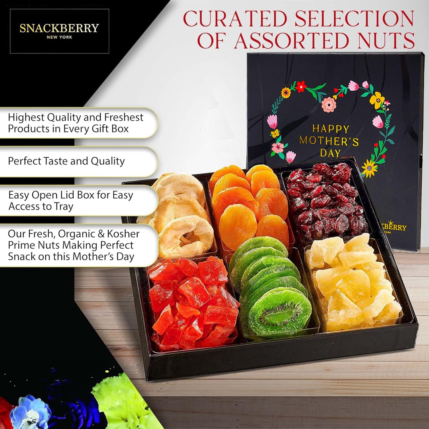 Snackberry Mothers Day Dried Fruit Basket, Gourmet Snack Box, in Elegant Drawer Window Box, Healthy Gift Snack Box for Women. Kosher Parve (Single)