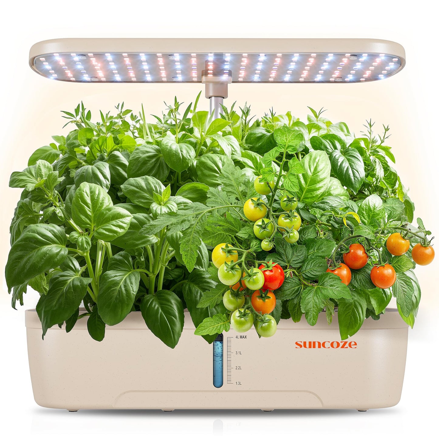 SUNCOZE Hydroponics Growing System Kit 12 Pods, Indoor herb Garden with 20W LED Grow Light, Visible Water Tank with Pump, 2.2"-12.4" Adjustable Height Indoor Gardening System, Gardening Gifts, Beige